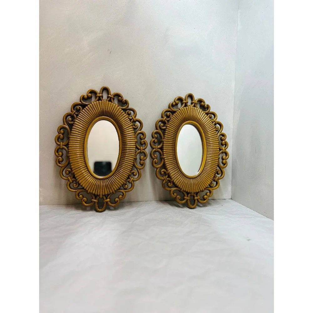 Vintage HOMCO 2615 Oval Mirror Faux Rattan Syroco S/2 9.5x6.5